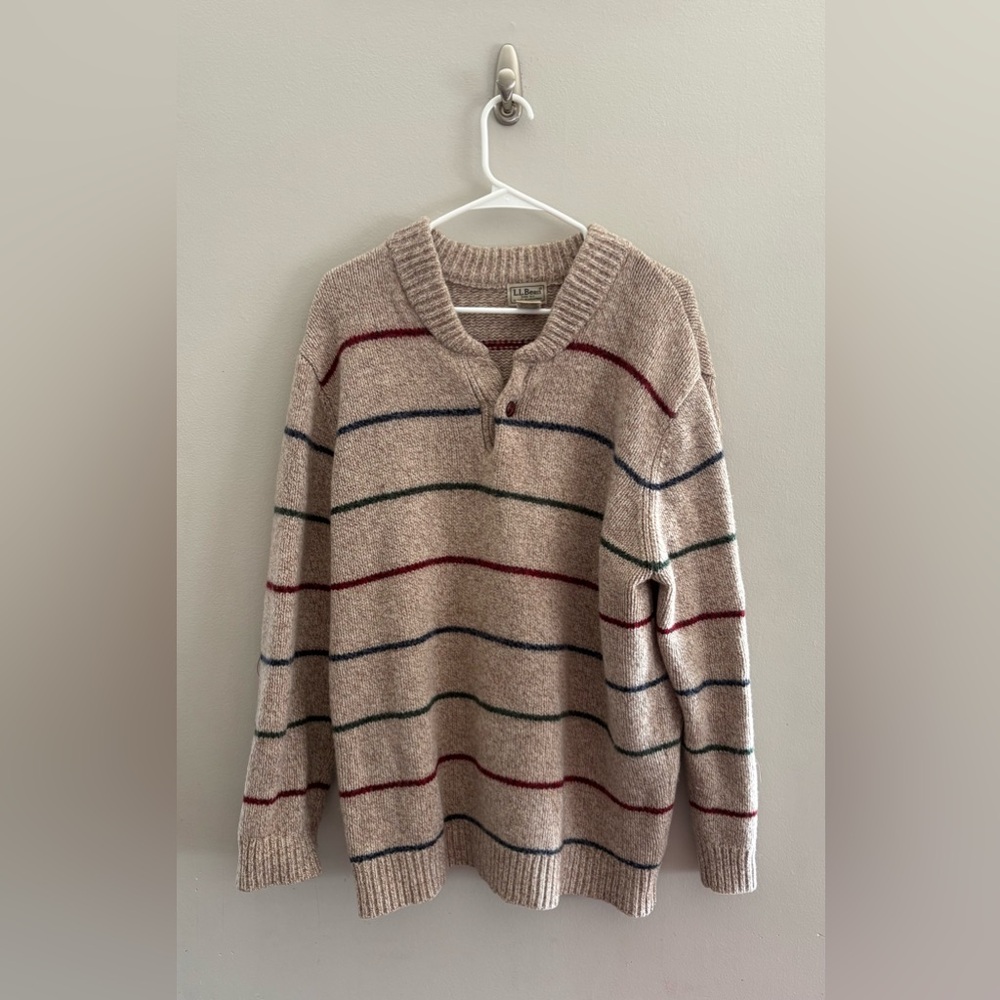 Vintage LL Bean Sweater Pullover Striped Beige Wool Fishermen Outdoor | Size XXL